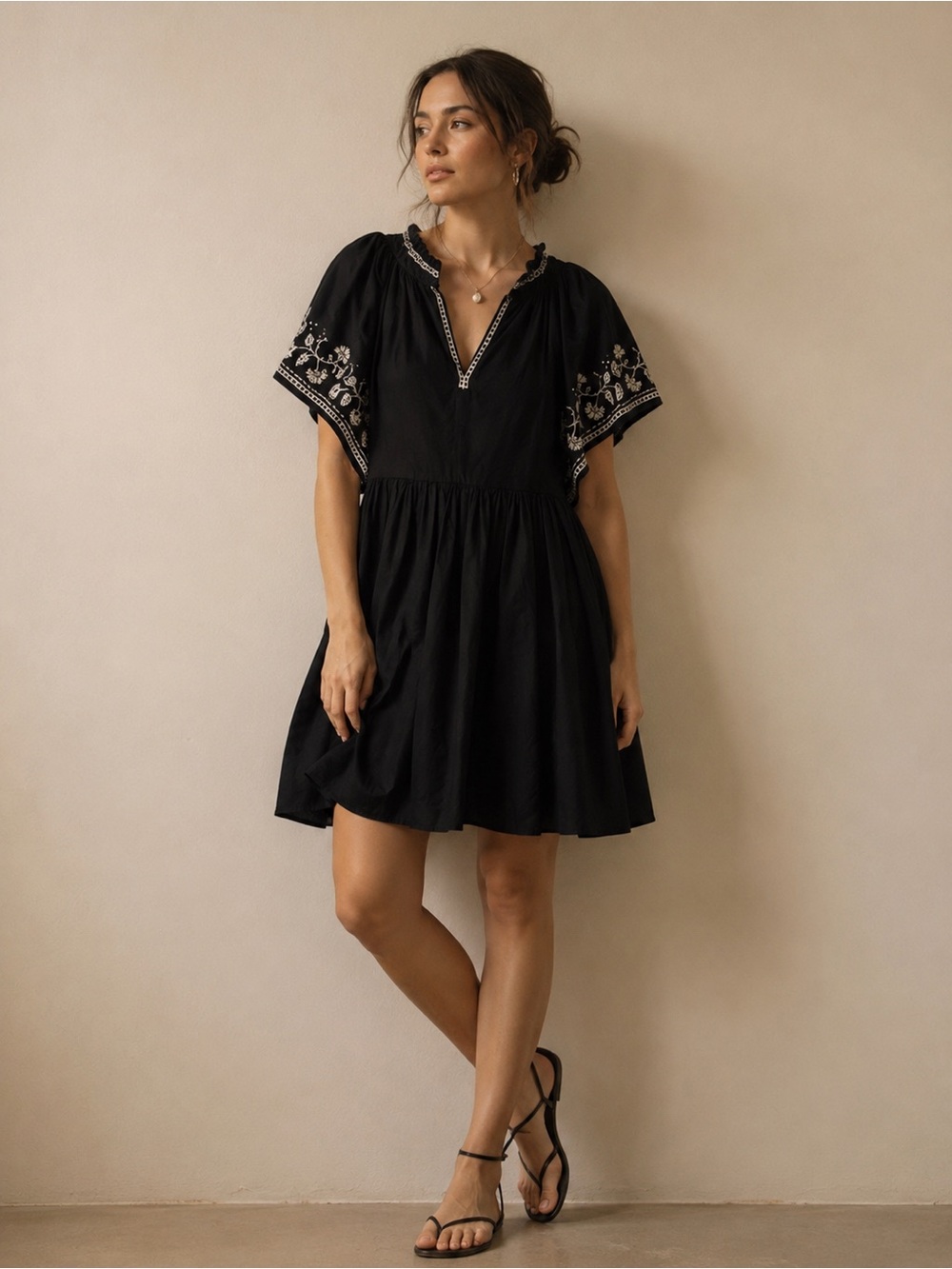 Old Navy Black Mini Dress with White Floral Embroidery